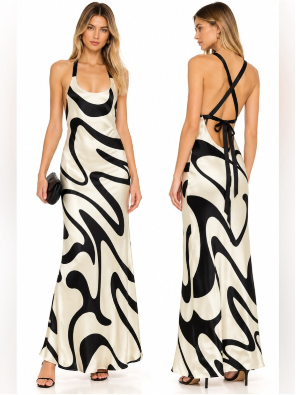 DESIREE Black Ivory Silk Abstract Print Backless Maxi Dress Y2K Resort Evening